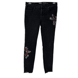 Mossimo Mid Rise Skinny Jeans Black Size 8 29 Waist Floral Embroidered Raw Hem